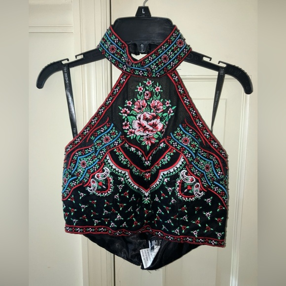 Sherri Hill 0 Beaded Embellished Two Piece Set Halter Top & Fringe Skirt Zip - Picture 2 of 8